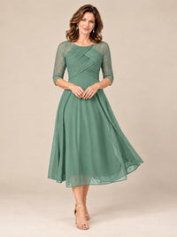 Eucalyptus-Lace Applique Pleated Tea Length Mother of The Bride Dresses