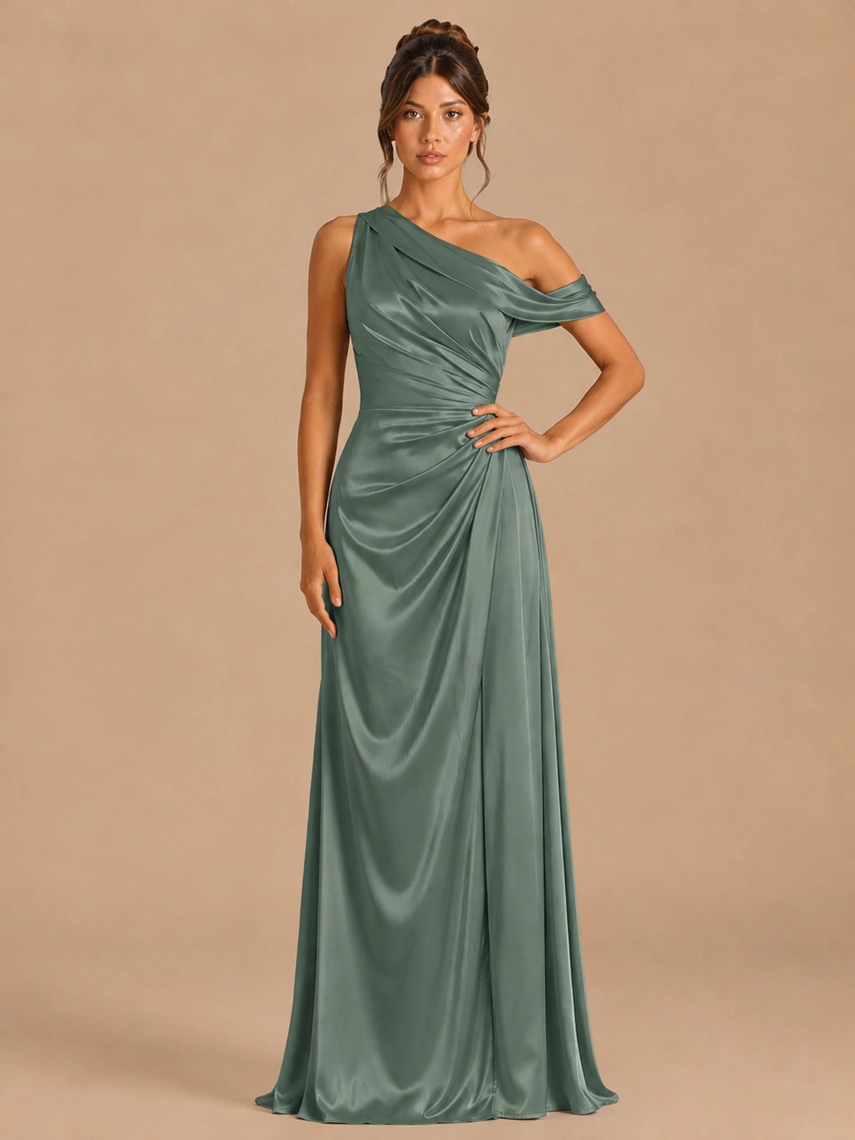 Eucalyptus-satin one shoulder prom dress ruched long formal gow Jovelle