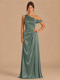 Eucalyptus-satin one shoulder prom dress ruched long formal gow Jovelle