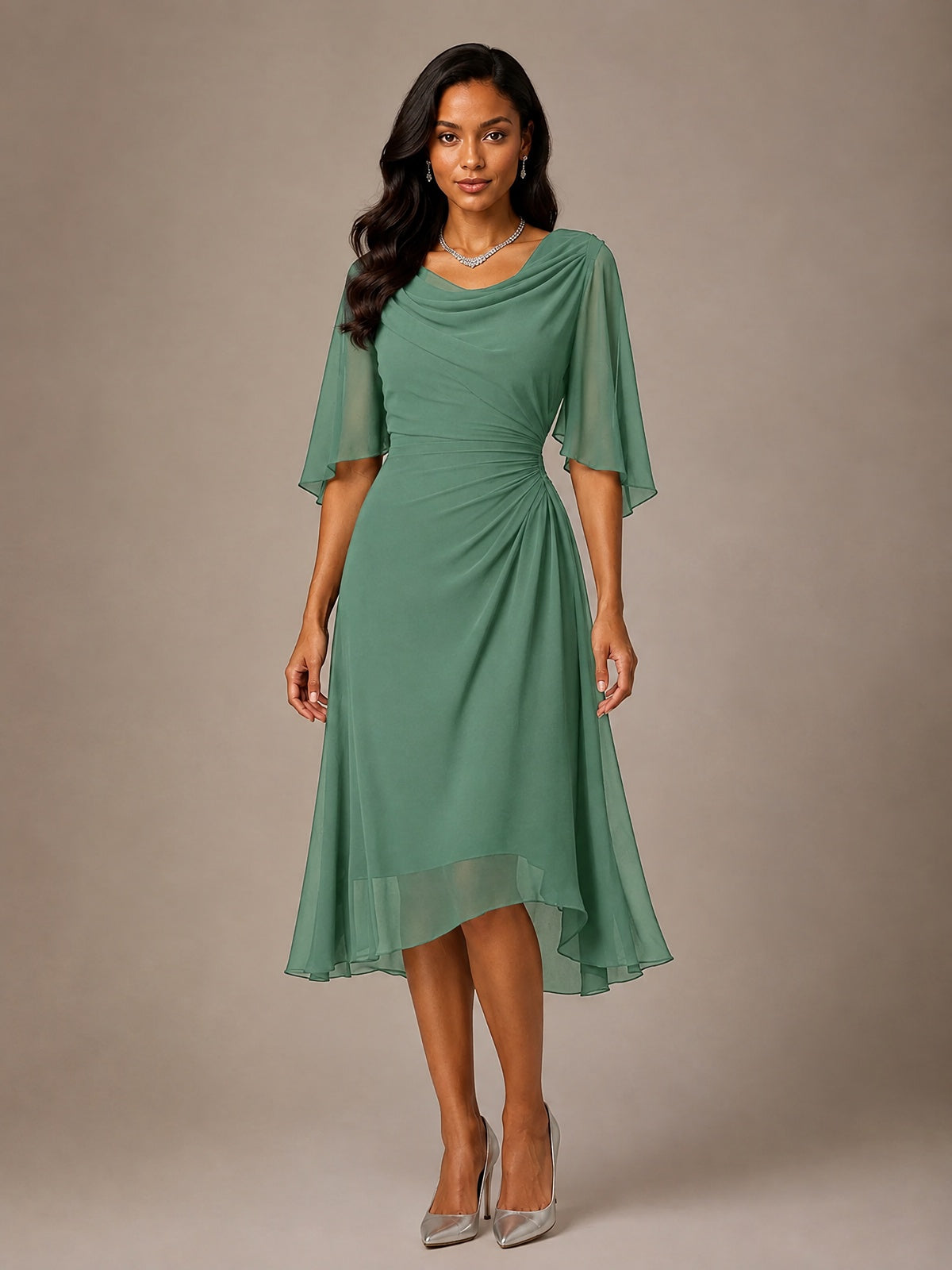 Cowl Neck Ruched Chiffon Mother of the Bride Dresses with Flutter Sleeves