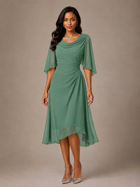 Cowl Neck Ruched Chiffon Mother of the Bride Dresses with Flutter Sleeves
