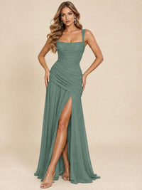 Wrap Pleated Prom Dress Scoop Neck with Slit Women Wedding Formal Dress
