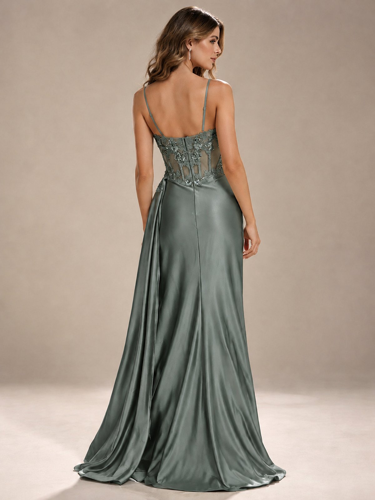 Mermaid Satin Prom Dress with Floral Appliqué Corset and High Slit