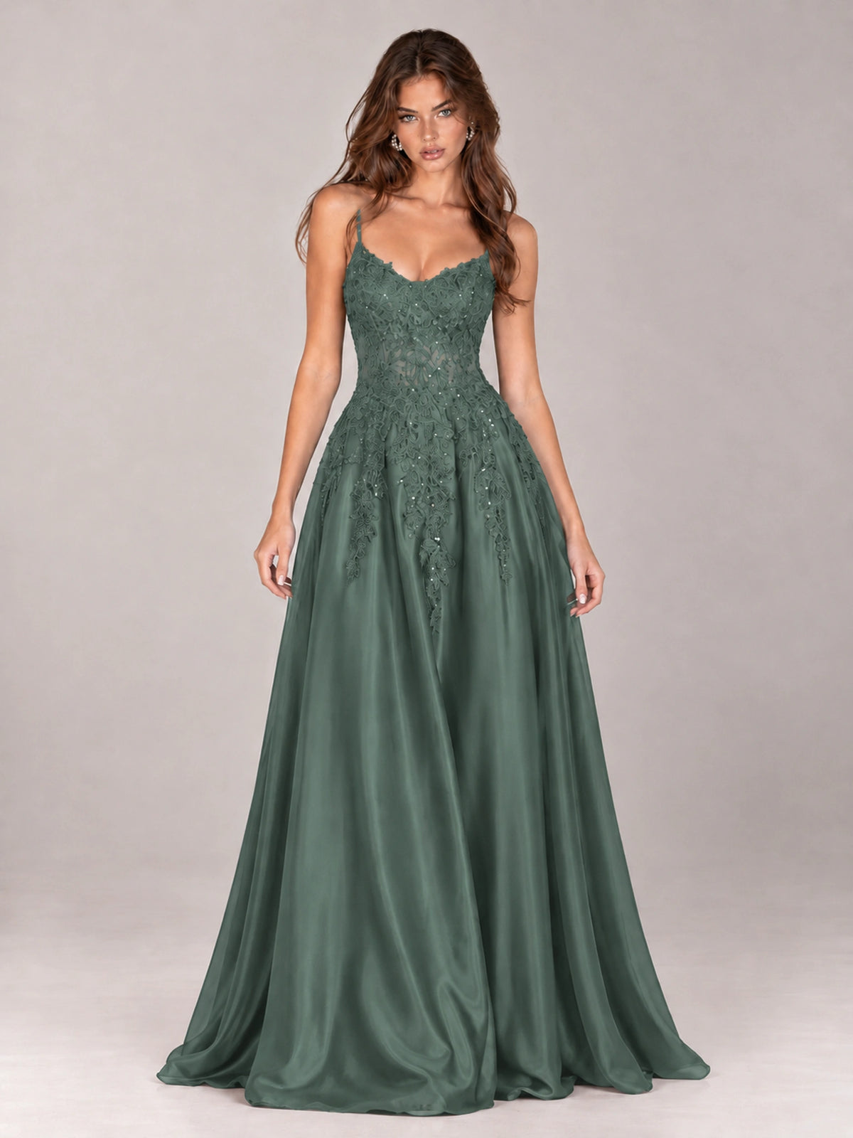 Lace Applique Satin A-Line Prom Dress with Sheer Bodice