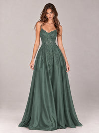 Lace Applique Satin A-Line Prom Dress with Sheer Bodice