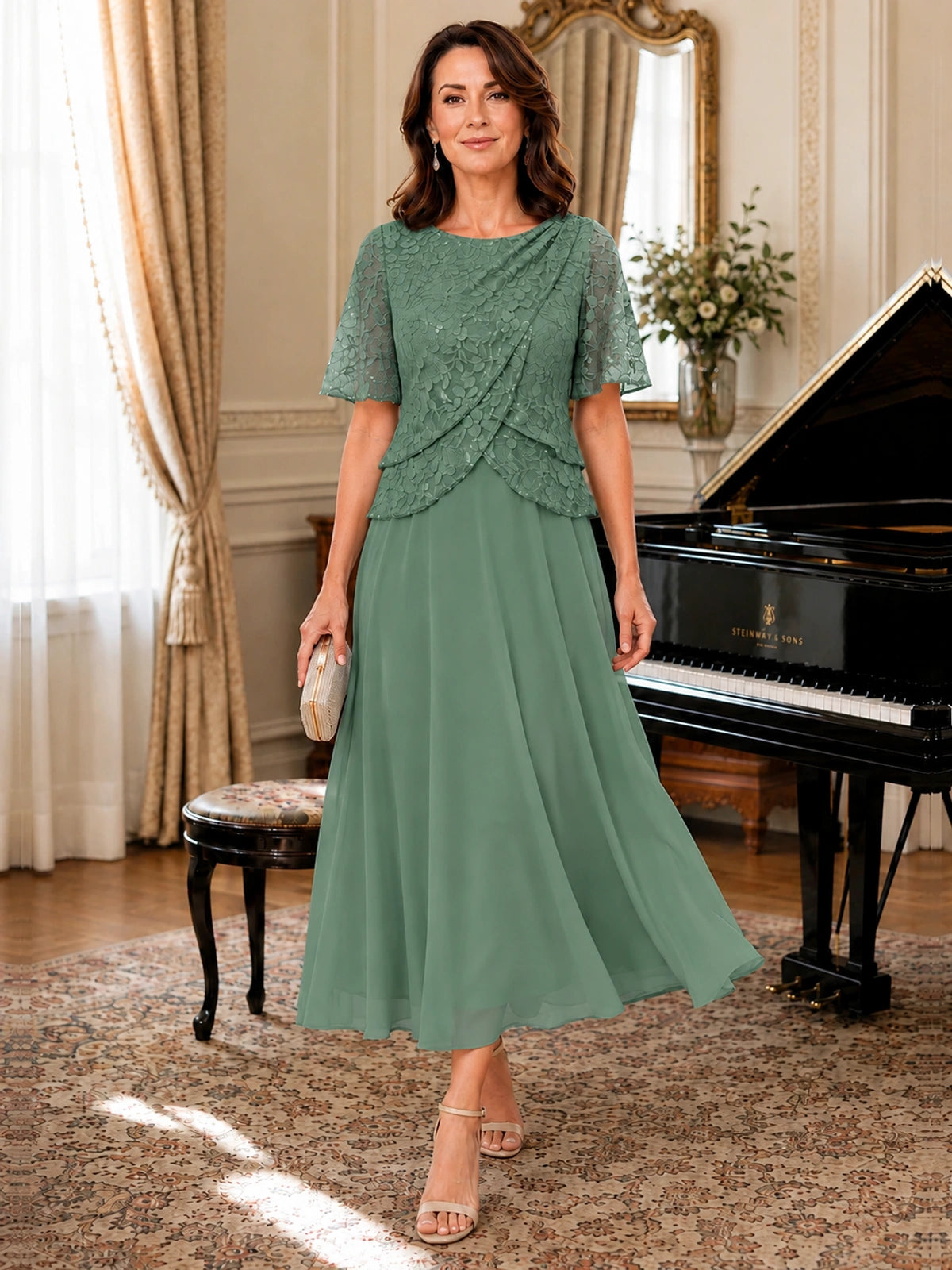 Tea-Length Chiffon Mother of the Bride Dress with Sequin Lace Sleeves