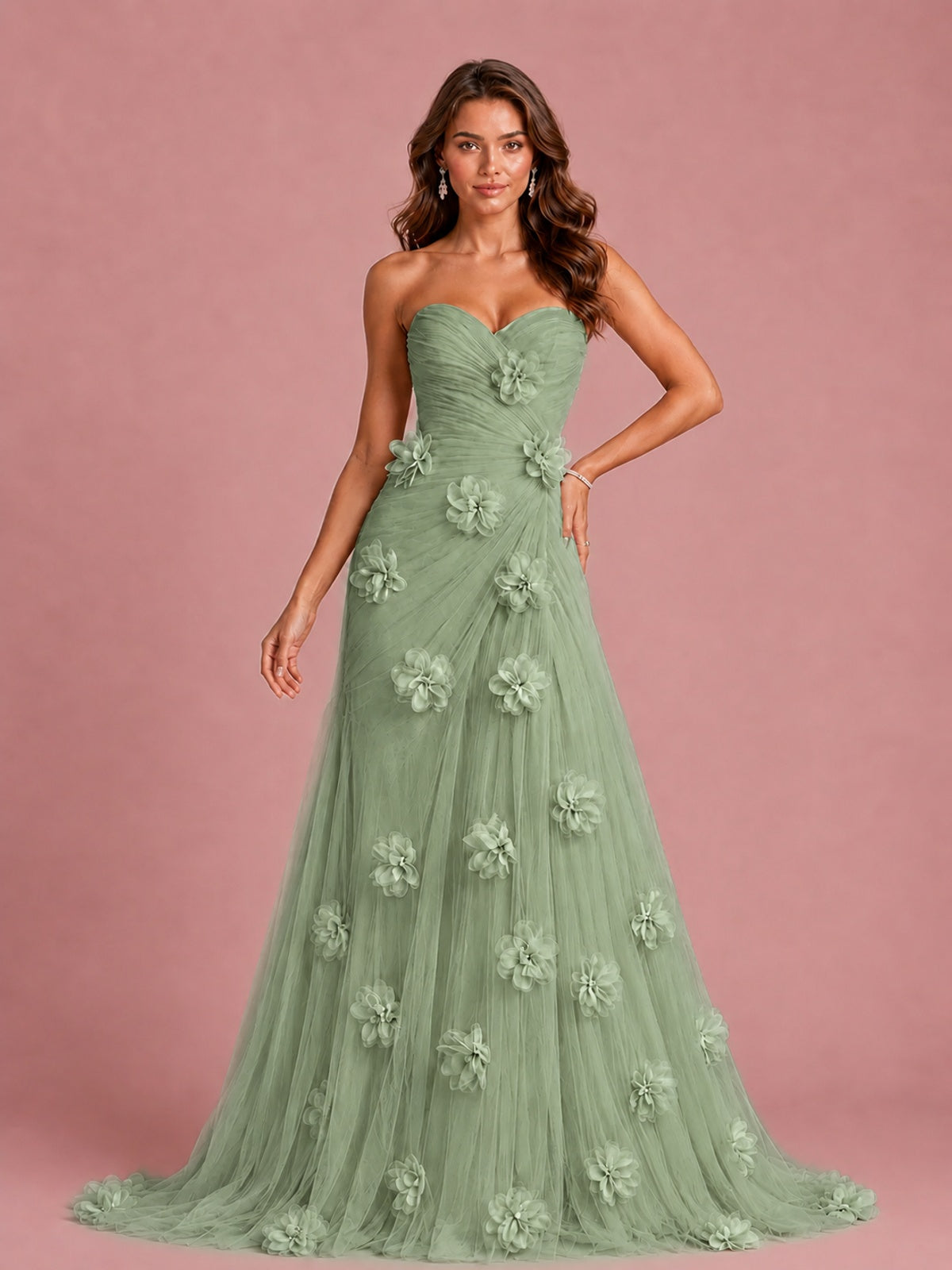 3D Floral Applique Strapless Tulle Prom Dress with High Slit