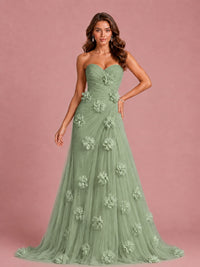3D Floral Applique Strapless Tulle Prom Dress with High Slit