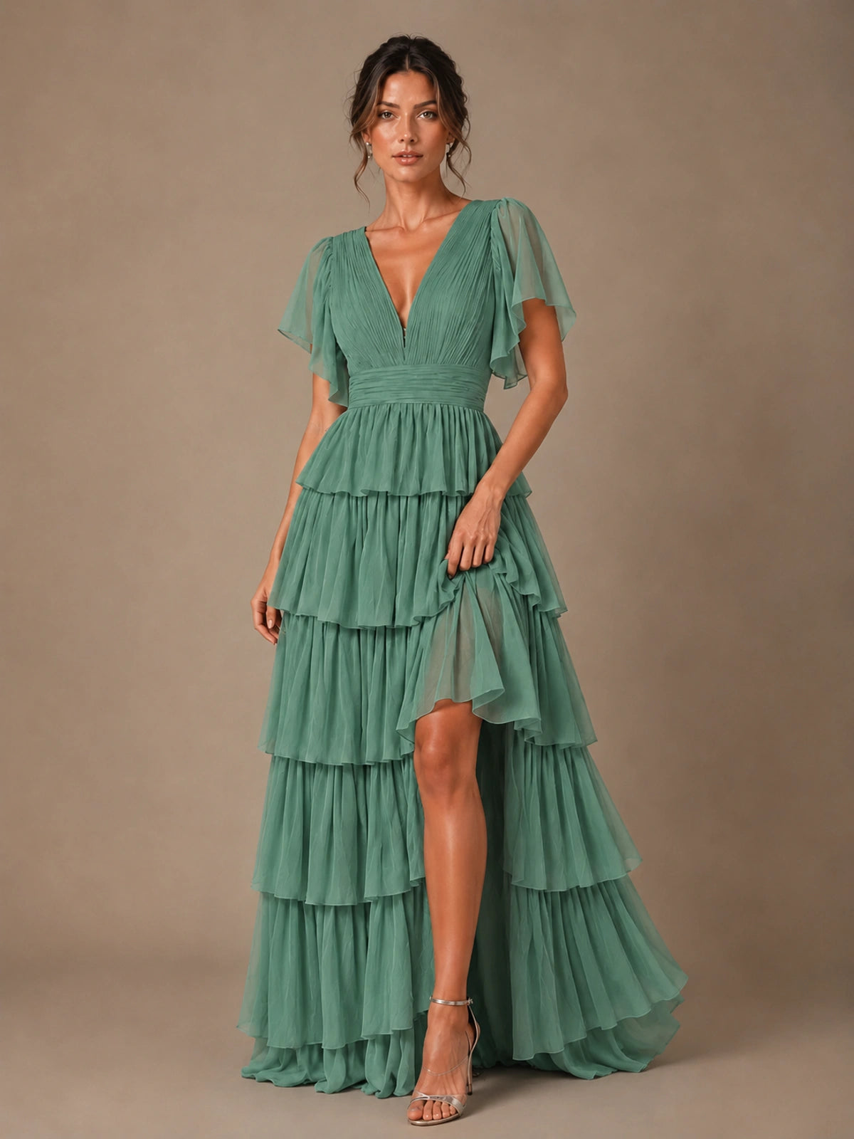 Chiffon V-Neck Tiered Ruffle Bridesmaid Dress with Slit