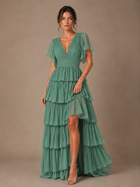 Chiffon V-Neck Tiered Ruffle Bridesmaid Dress with Slit