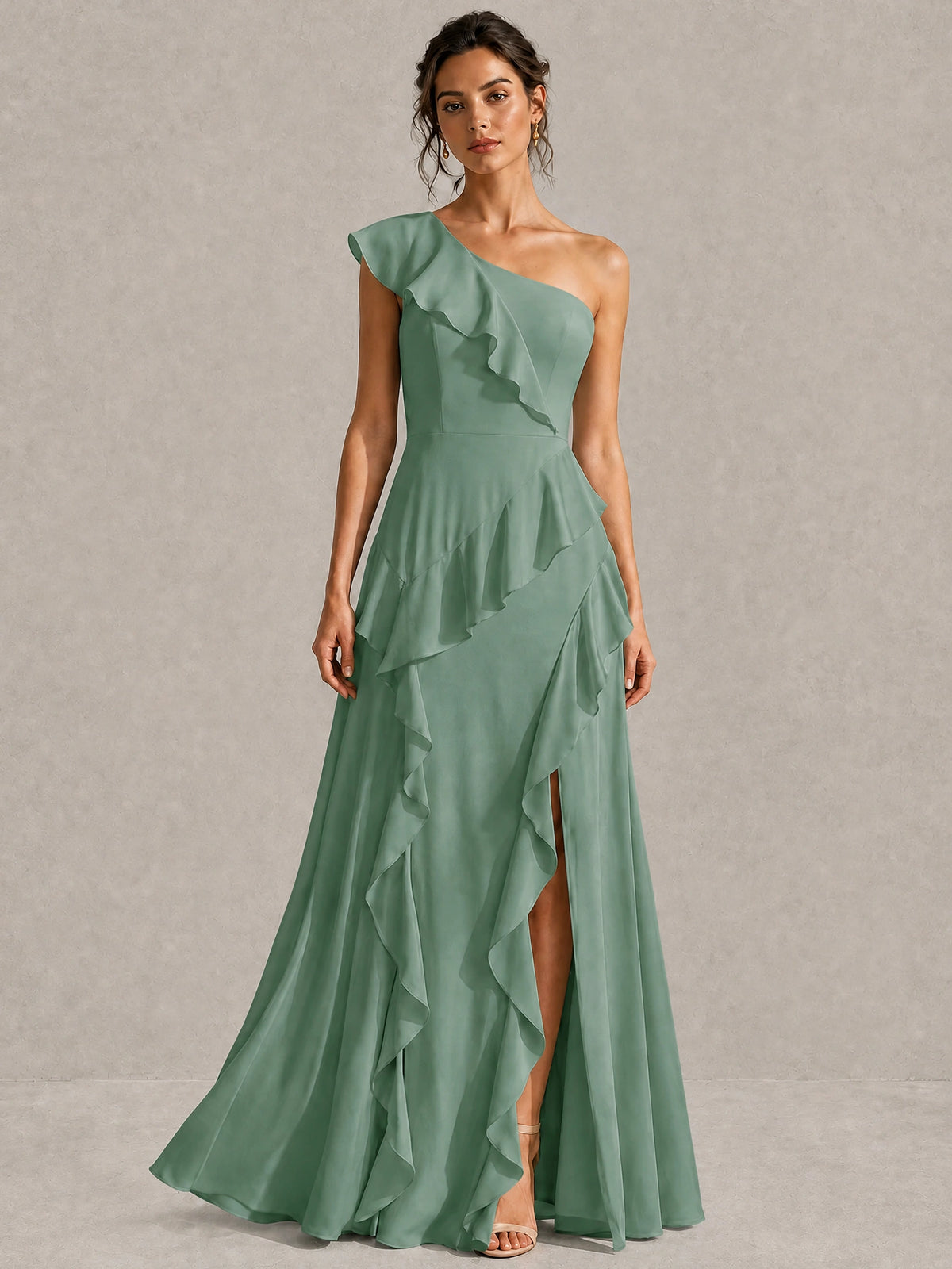 Sage Green One Shoulder Ruffle Bridesmaid Dress