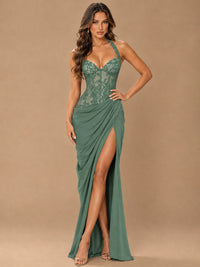 Sweetheart Halter Prom Dress Pleated Lace Floral Formal Dress with Slit