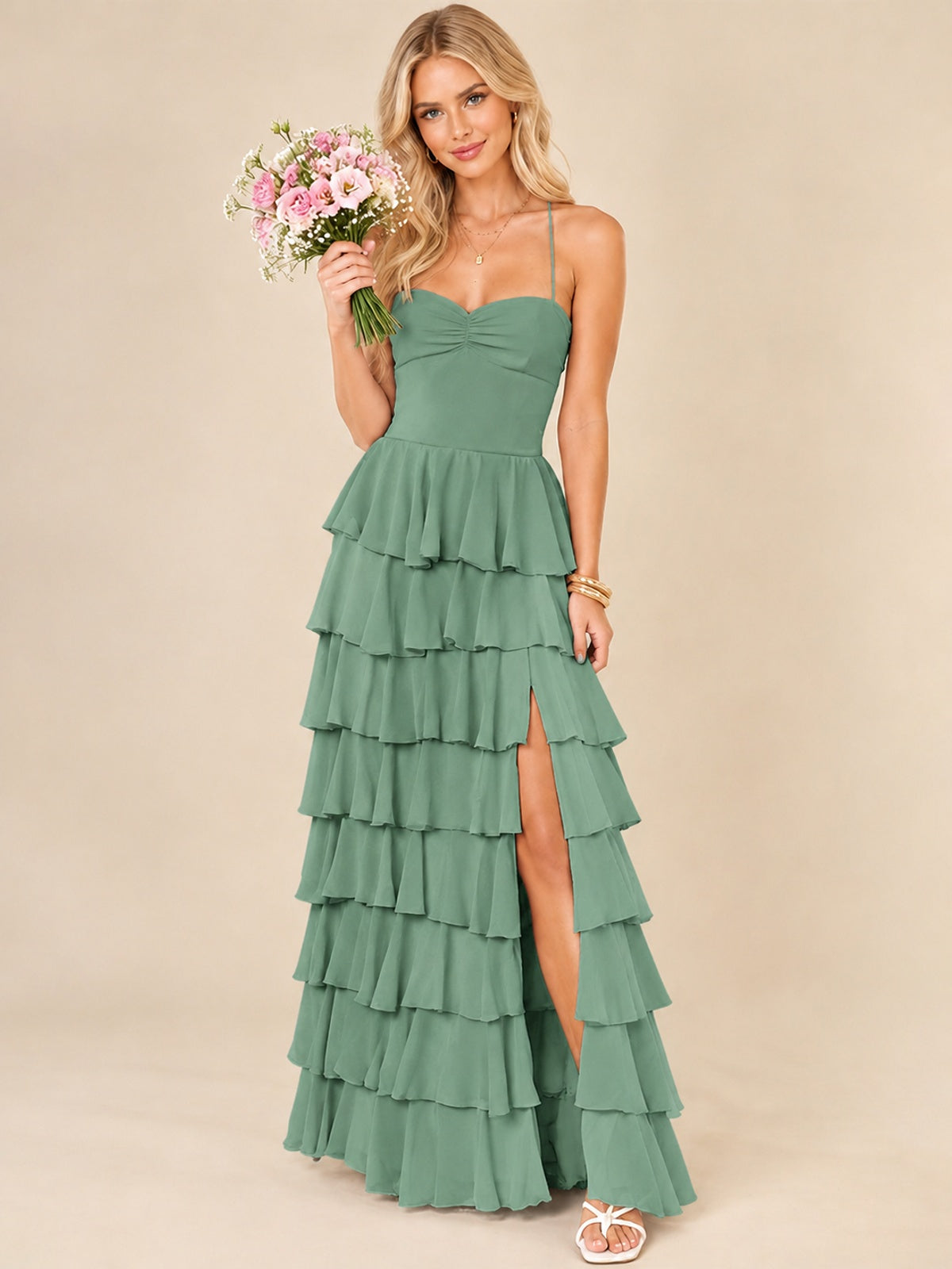 Ruffled Tiered Chiffon Prom Dress Spaghetti Straps Formal Maxi Dress with Slit