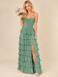 Ruffled Tiered Chiffon Prom Dress Spaghetti Straps Formal Maxi Dress with Slit