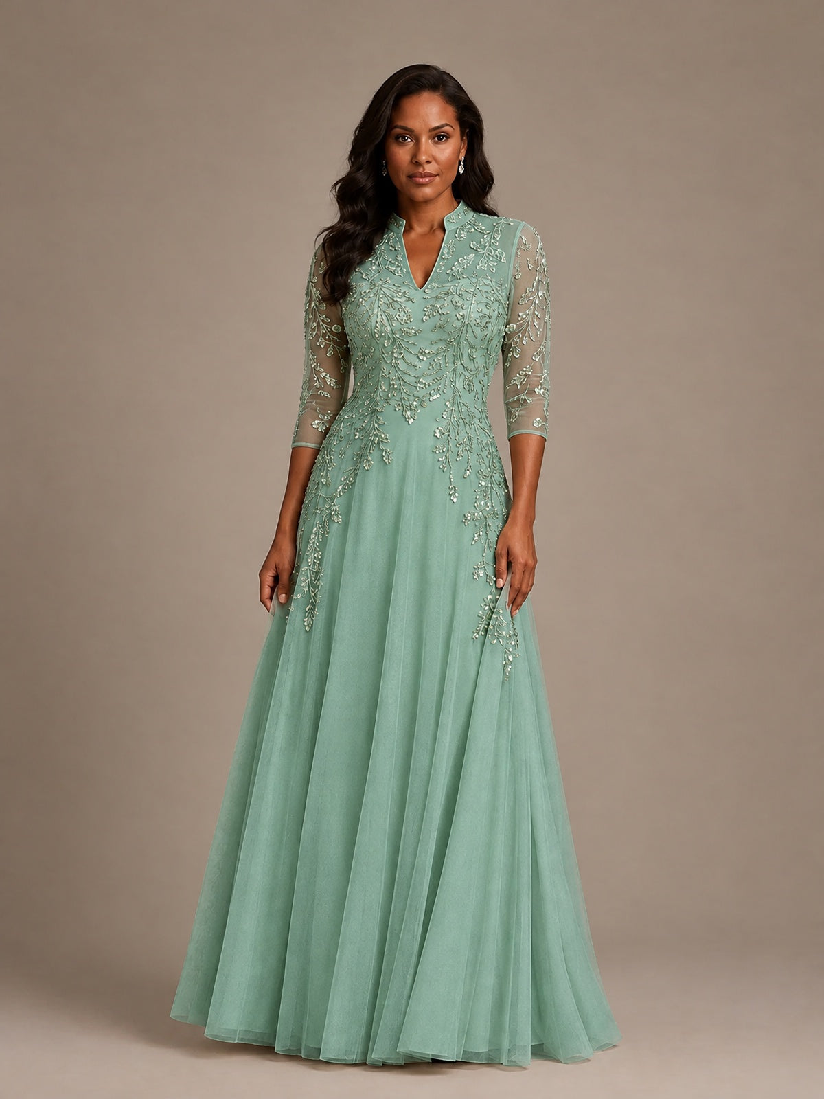Embellished Appliques Mother of the Bride Dress with 3/4 Sleeves
