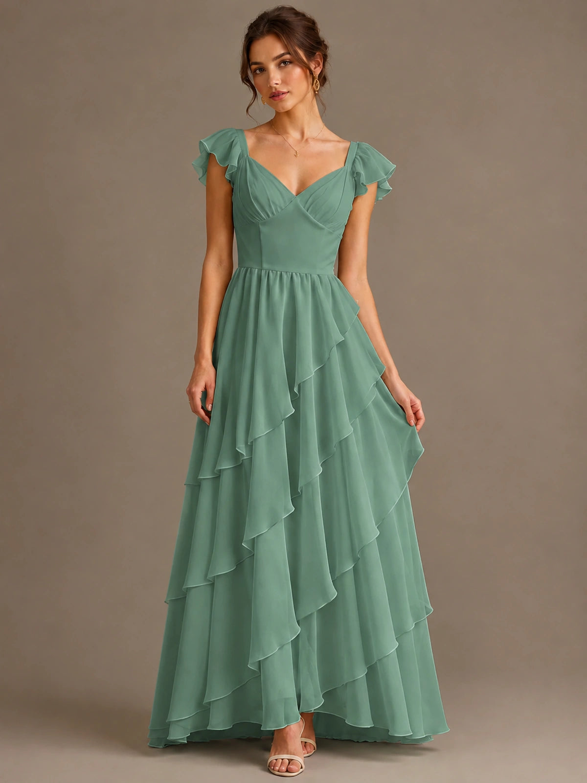 Ruffle Tiered V Neck Maxi Dress