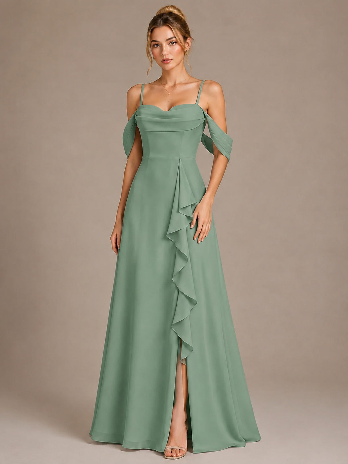 Spaghetti Strap Chiffon Bridesmaid Dress with Ruffles Slit