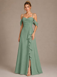 Spaghetti Strap Chiffon Bridesmaid Dress with Ruffles Slit