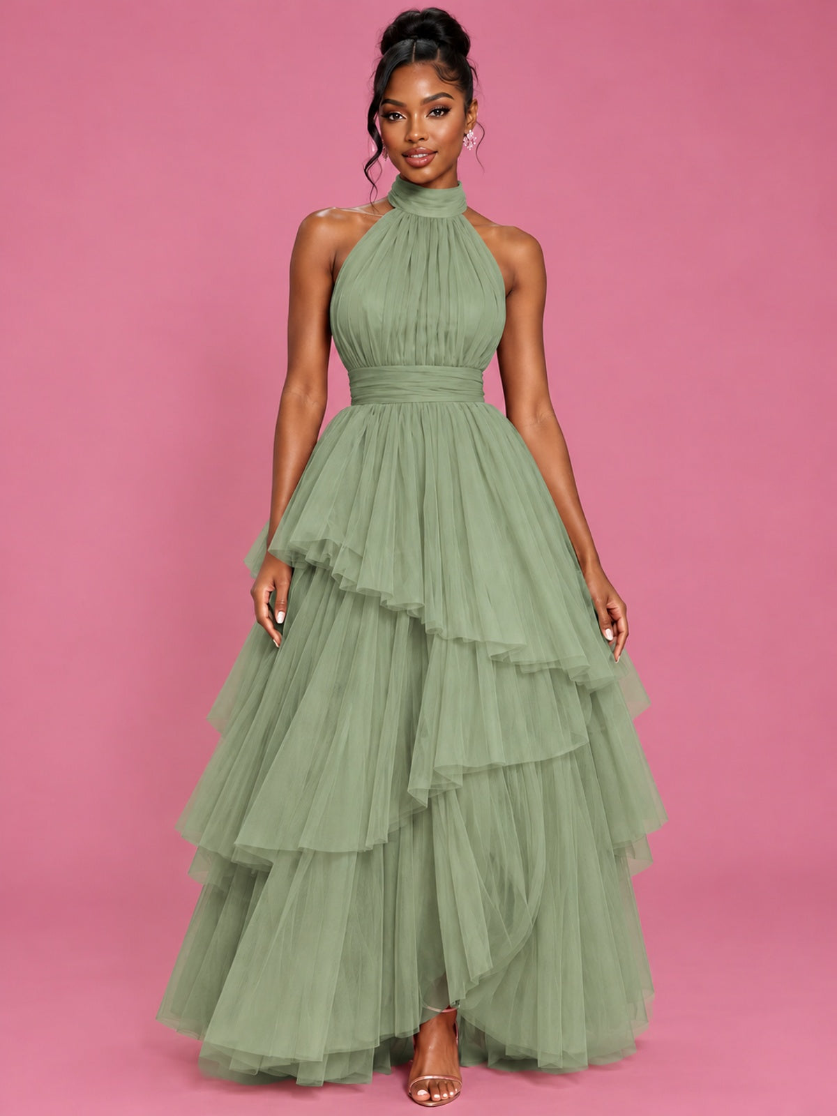 Hot Pink Tulle Halter Neck Tiered Ruffle Maxi Dress