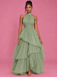 Hot Pink Tulle Halter Neck Tiered Ruffle Maxi Dress
