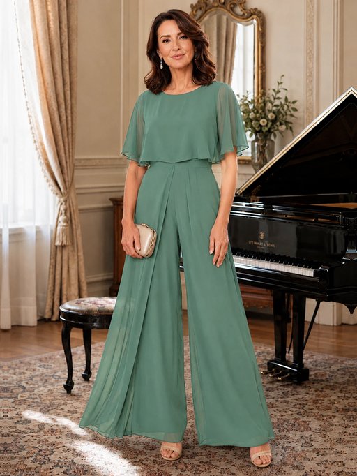 Chiffon Mother of the Bride Jumpsuit with Layered Cape Sleeves