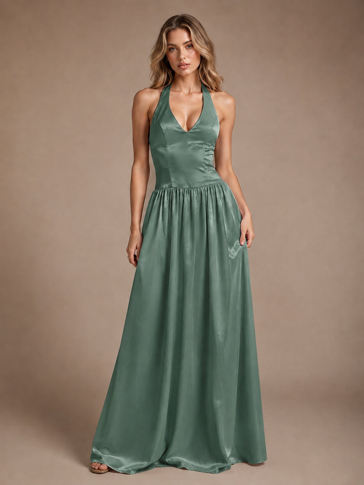 Pink V Neck Halter Satin Maxi Dress