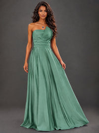Draped Satin Prom Dress Strapless A-line Formal Dress Floor Length