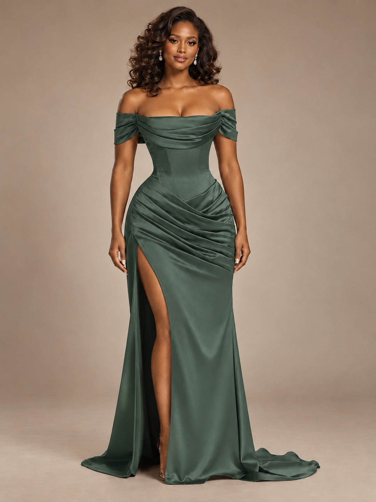 Burgundy Off-the-Shoulder Satin Corset Prom Dress with Slit