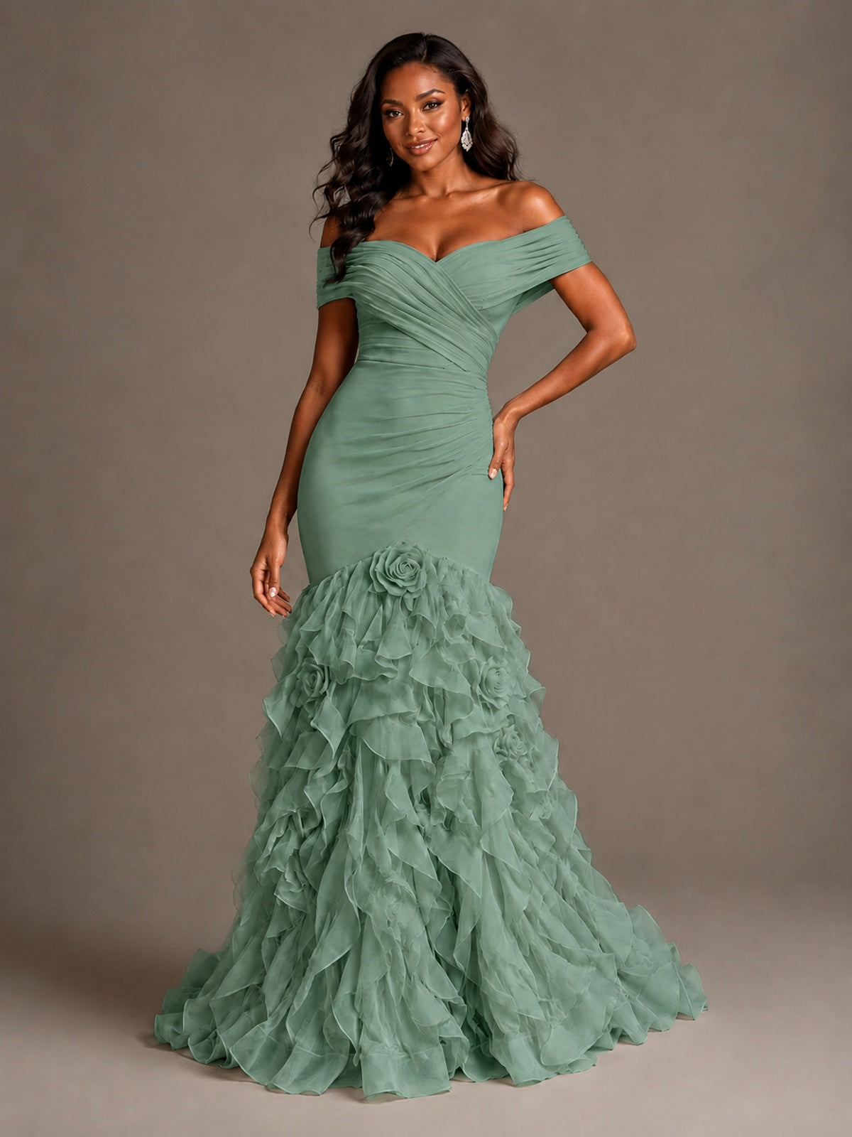 Pink Off-the-Shoulder Mermaid Prom Dress with Ruffles 3D Flowers