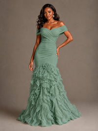 Pink Off-the-Shoulder Mermaid Prom Dress with Ruffles 3D Flowers