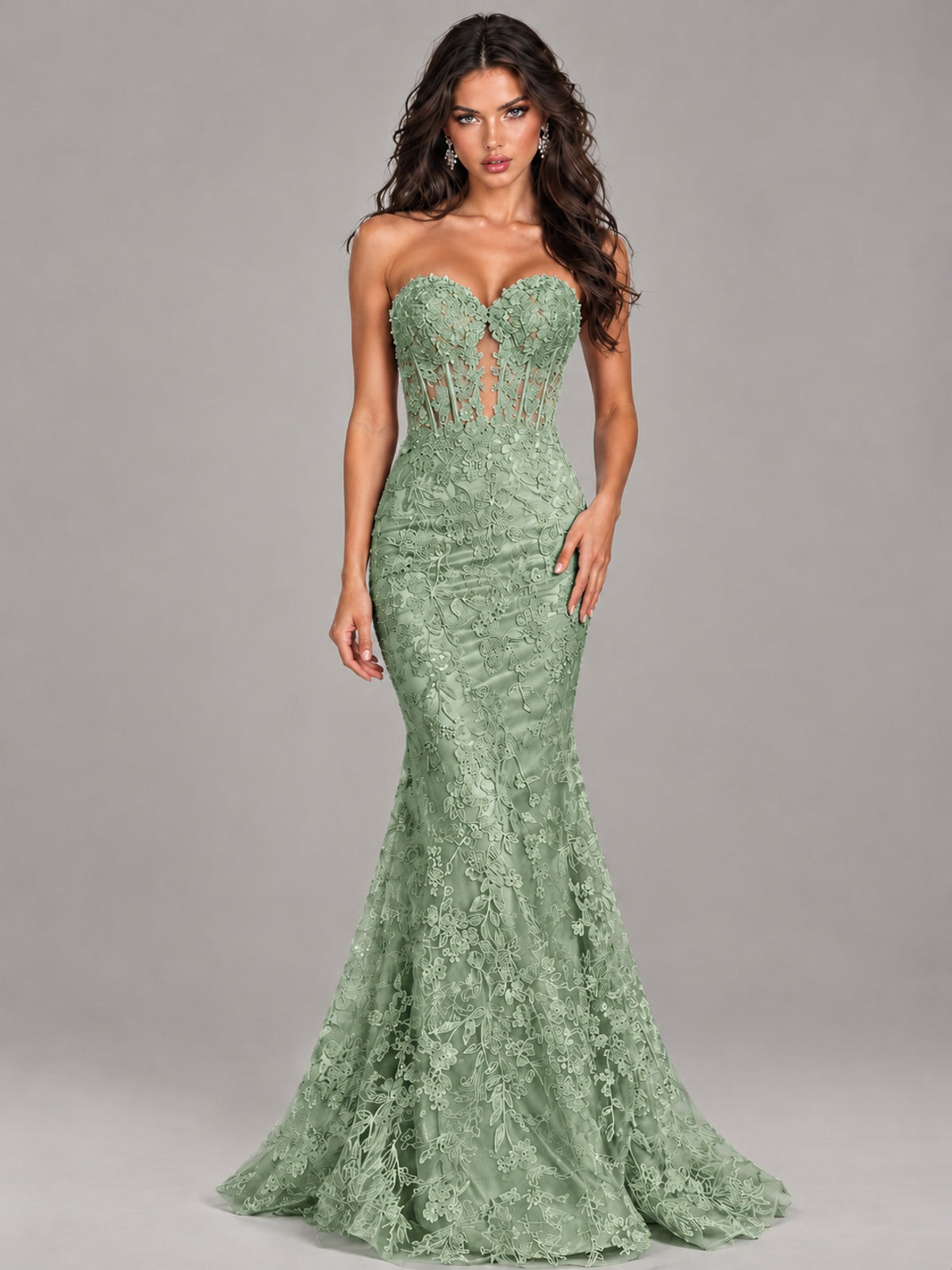 Strapless Corset Mermaid Prom Dress Lace Appliqué Formal Gown