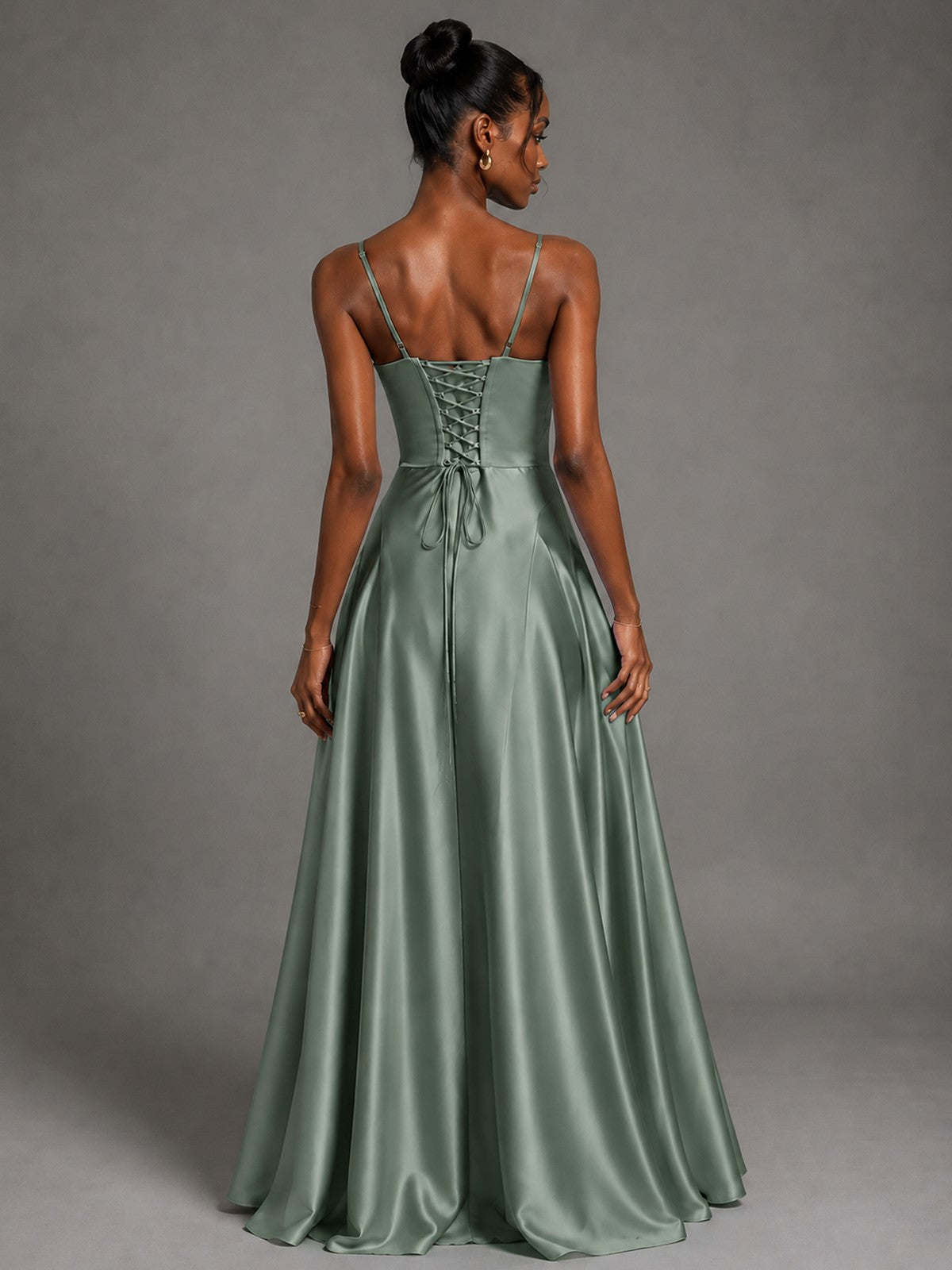 Lavender V Neck Satin Prom Dress with Spaghetti Straps