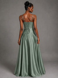 Lavender V Neck Satin Prom Dress with Spaghetti Straps