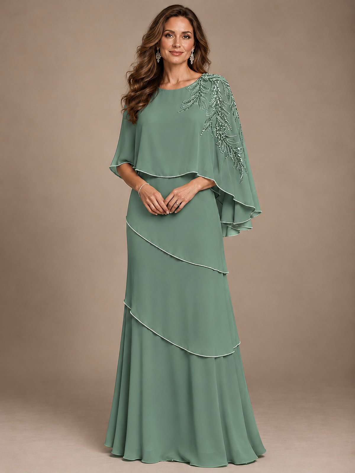 Elegant Chiffon Cape Sleeve Beaded Mother of the Bride Dress