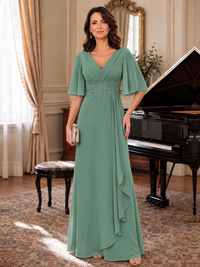 Eucalyptus V-Neck Chiffon Lace Mother of the Bride Dresses with Flutter Sleeve A-line Long Ruffled Evening Formal Wedding Guest Gown
