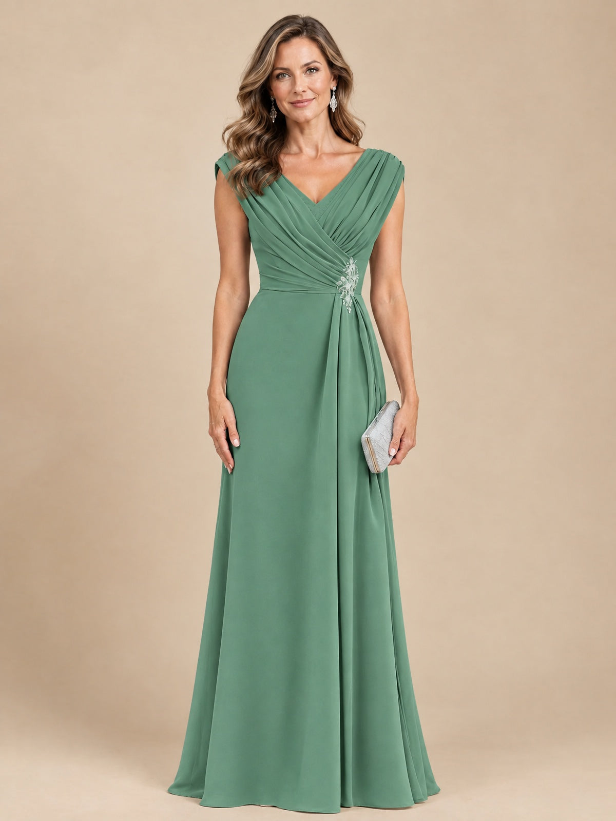 V Neck Pleated Mother of The Bride Dresses with Beading Cap Sleeves