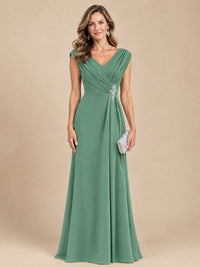 V Neck Pleated Mother of The Bride Dresses with Beading Cap Sleeves