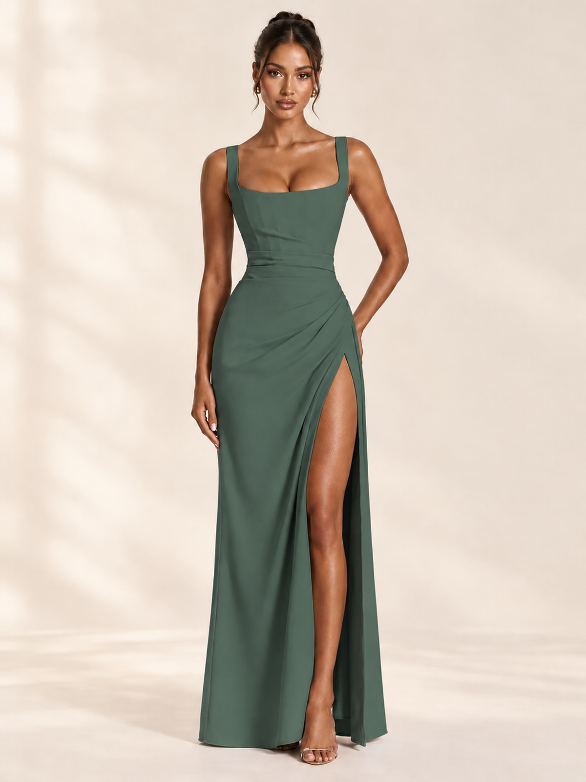 Square Neck Satin Sleeveless Ruched Prom Dress with High Slit