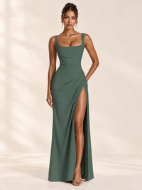 Square Neck Satin Sleeveless Ruched Prom Dress with High Slit