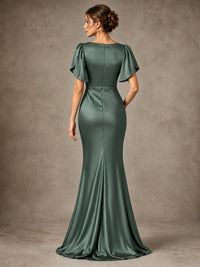 V-Neck Satin Mother of the Bride Dress with Flutter Sleeves