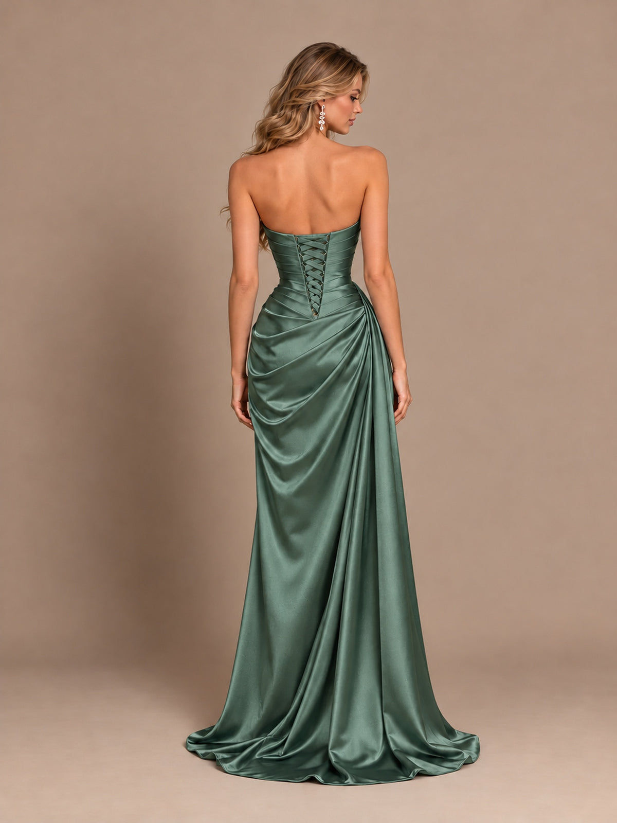 Dusty Blue Strapless Satin Prom Dress with Ruched Bodice and Slit