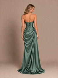 Dusty Blue Strapless Satin Prom Dress with Ruched Bodice and Slit