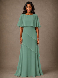 Taupe Chiffon A-Line Mother of the Bride Dress with Cape Sleeves