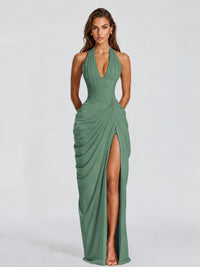 Ruched Halter Neck High-Slit Prom & Evening Dress