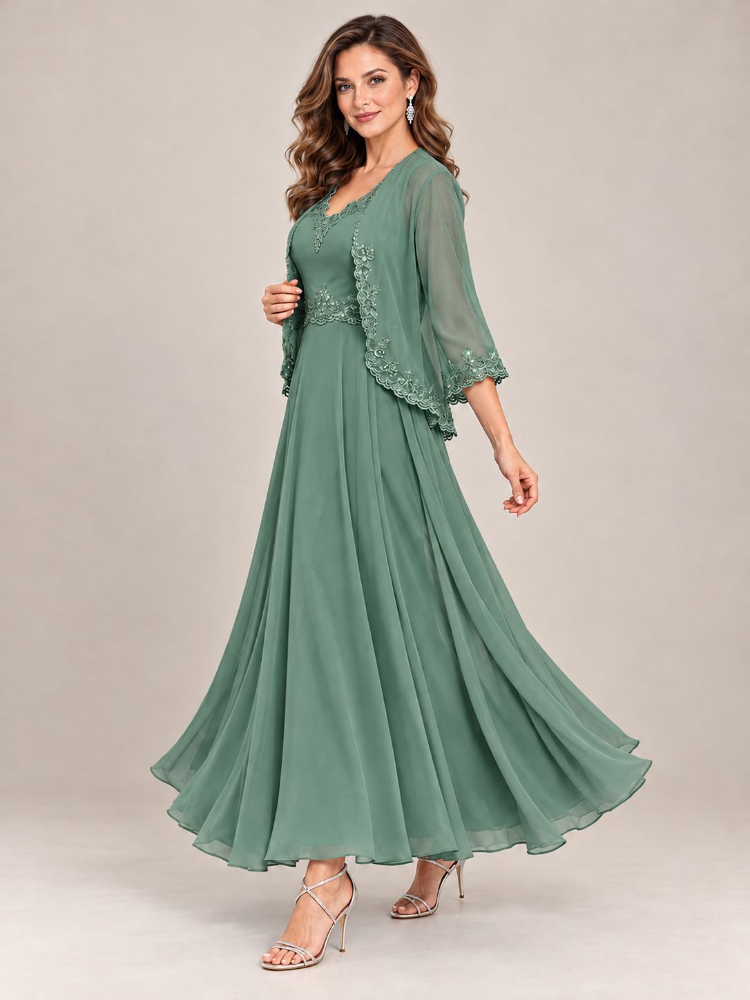 Dusty Blue Floral Lace Chiffon Mother of the Bride Dress with Jacket