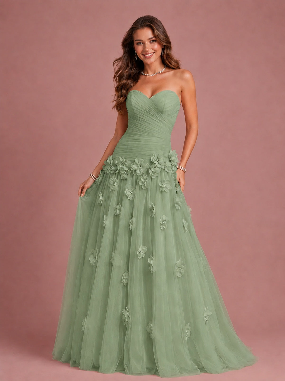 Blush Pink Strapless Sweetheart 3D Floral Tulle Ball Gown Prom Dres