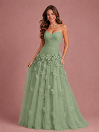 Blush Pink Strapless Sweetheart 3D Floral Tulle Ball Gown Prom Dres