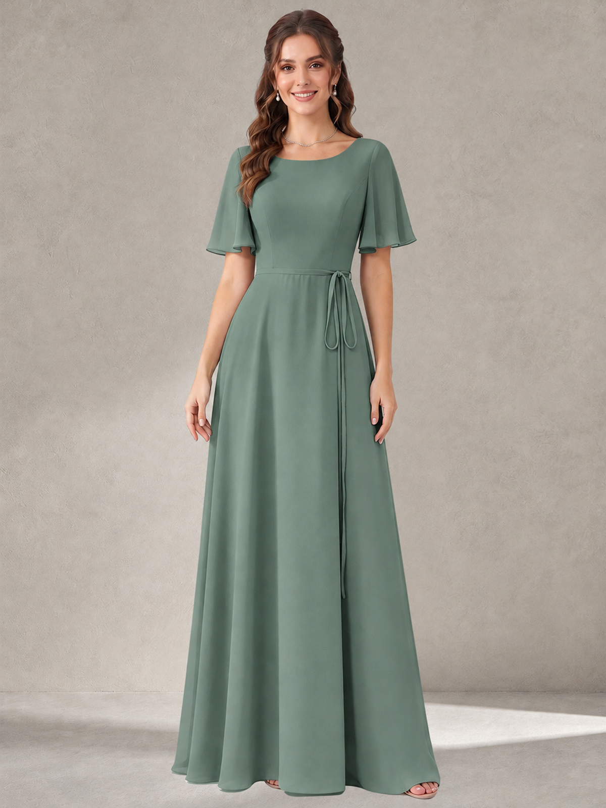 Eucalyptus Scoop Neck A-line Chiffon Bridesmaid Dress with Belt Flutter Sleeve Formal Wedding Guest Dress Evening Gown