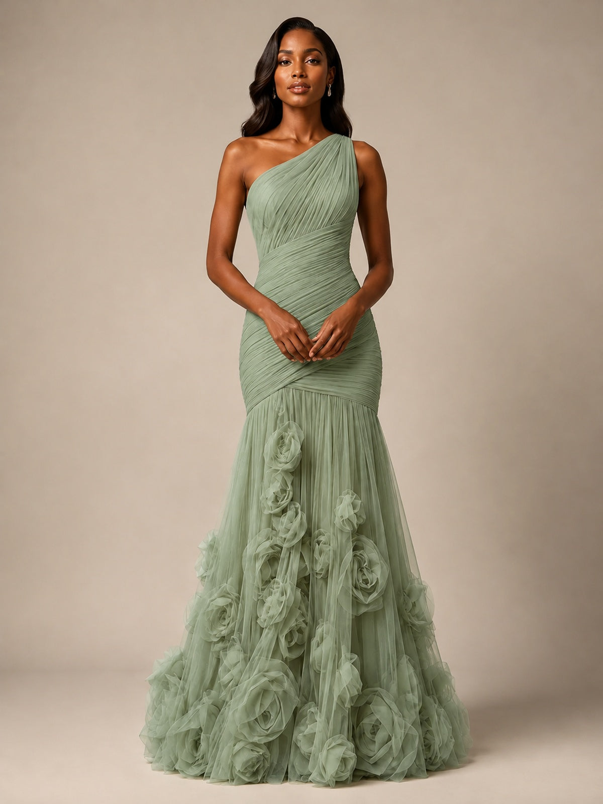 Blush Pink One Shoulder 3D Floral Mermaid Prom Dress