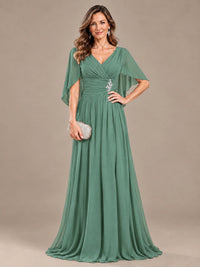 Ruched V Neck Mother of The Bride Dresses with Shawls Appliques and Cap Sleeves